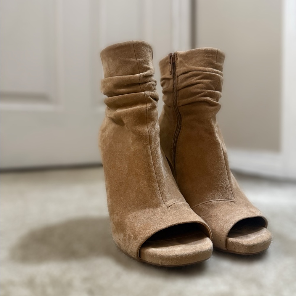 Steve Madden - Camel/Tan Suede Peep-Toe Booties